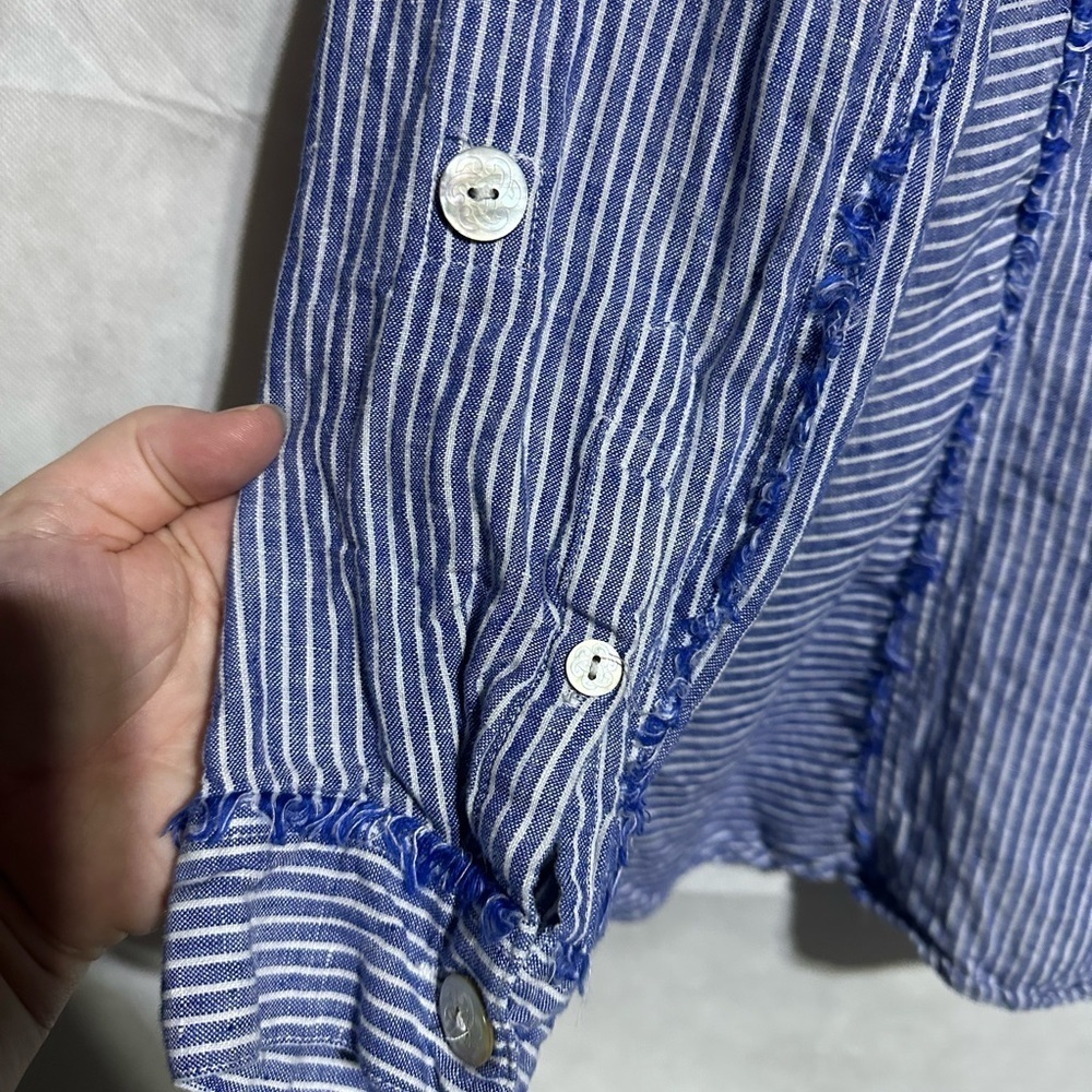 John Mark Shirt Women’s M Blue White Striped 100% Linen Button Down Roll Tab - Picture 6 of 6